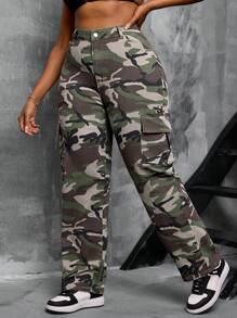 SHEIN SXY 大码弹力迷彩印花直筒工装男友风牛仔裤