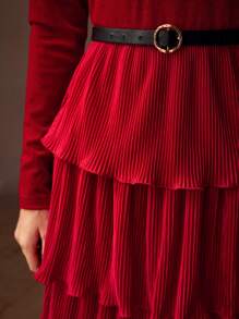 MOTF PREMIUM SOLID PLISSE LAYERED RUFFLE HEM BUCKLE BELTED DRESS - Red - View 3
