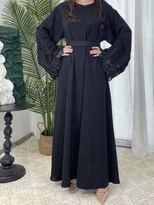1 Piece Fashion Ladies A-Line Cuff Lace Arabic Traditional Solid Color Casual Dress Jalabeya Robe Spring Black - Black - View 5