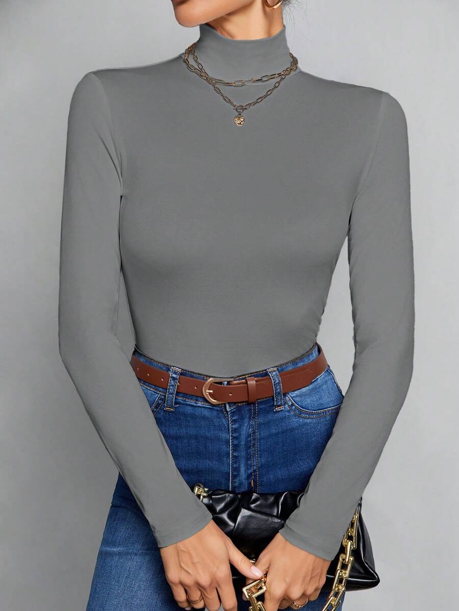SHEIN Tall Simple Solid Color Slim High Collar White Top Suitable For Autumn And Winter, Tall Women - Grey - View 1