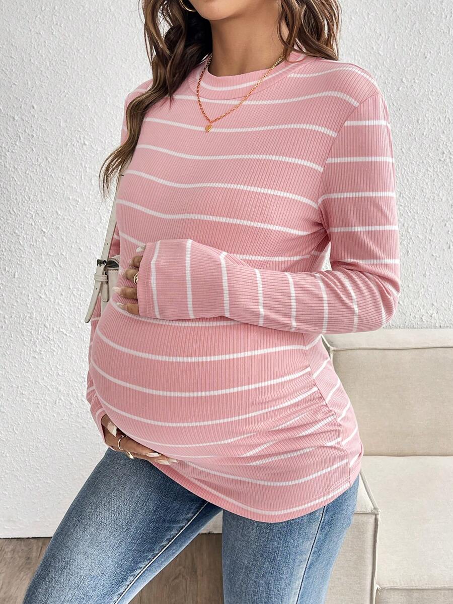 SHEIN Koszulka z nadrukiem w paski dla kobiet w ciąży, okrągły dekolt, swobodny, uniwersalny, długi rękaw, dla kobiet w ciąży