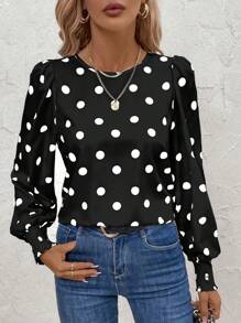 SHEIN Clasi Blusa de manga larga con volantes en el bajo, de estampado de lunares y manga de farol para mujeres - Blanco y Negro - Ver 1