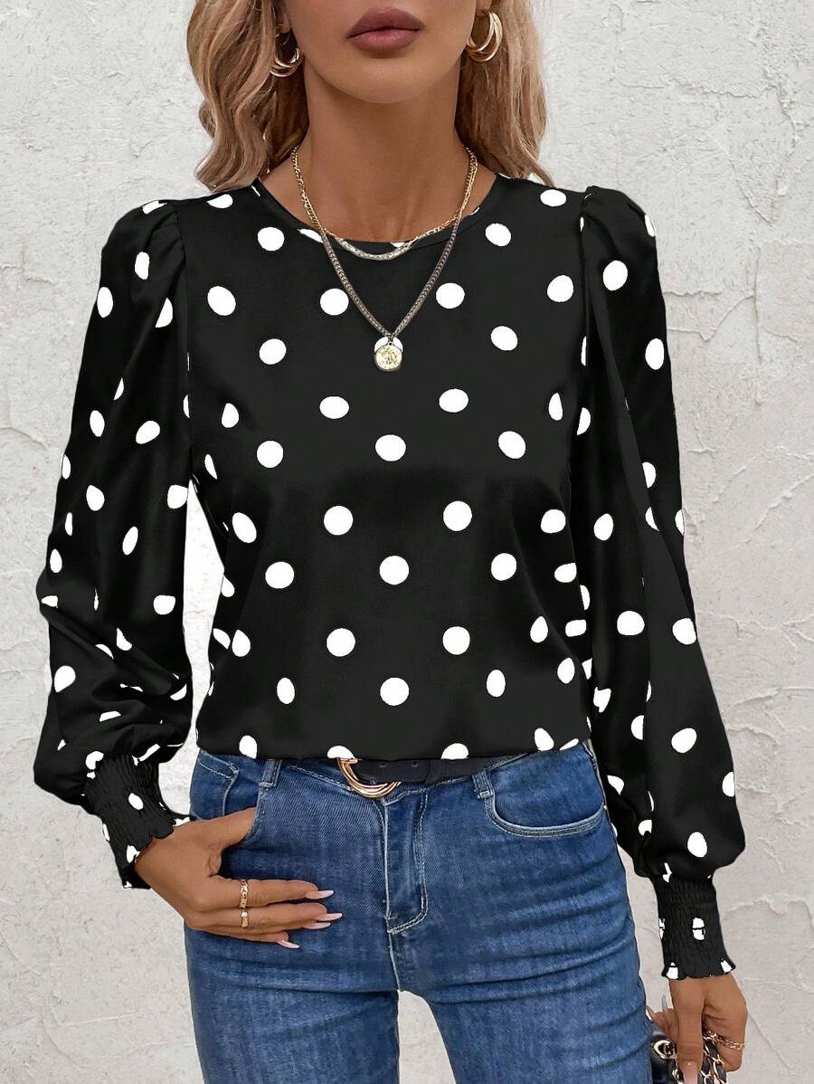 SHEIN Clasi Blusa de manga larga con volantes en el bajo, de estampado de lunares y manga de farol para mujeres - Blanco y Negro - Ver 1