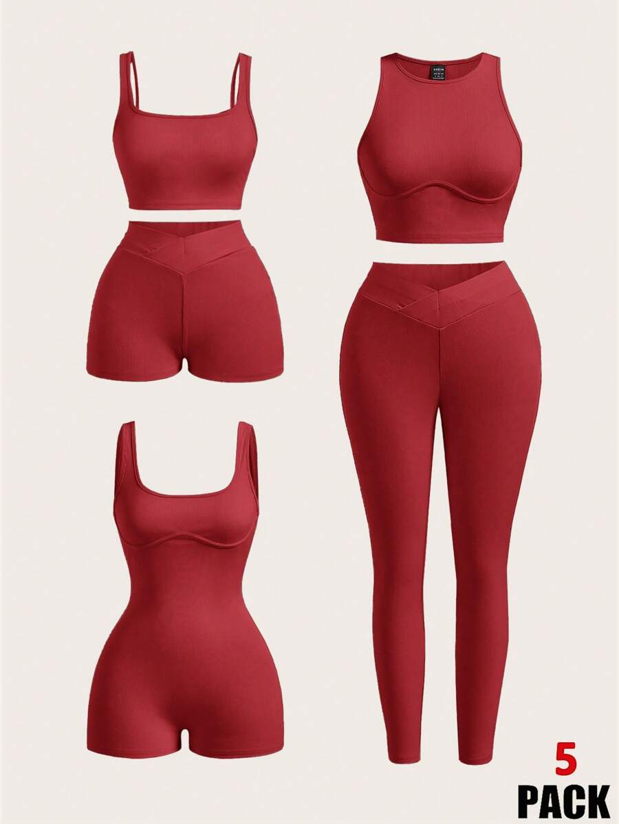 SHEIN EZwear 5 件套女式简约纯色修身露背运动服，休闲日常穿着 - 紅色 - 查看 1