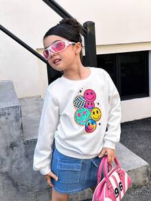 SHEIN Explorewe Girls Back-To-School Autumn School Outing White Crew Neck Sweatshirt With Colorful Smiling Face Graphic & Light Blue Denim Fitted Mini Skirt,2pcs Set - Multicolor - View 3