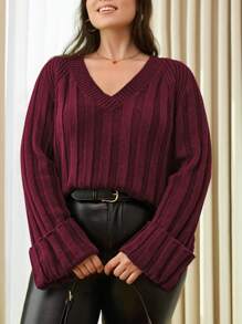 SHEIN Cottnline Plus Rib Solid Color Raglan Sleeve Sweater, Winter - Burgundy - View 6