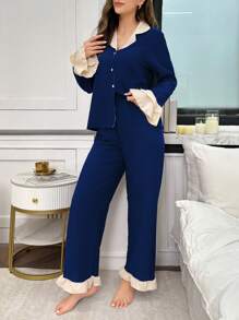 Snug Reverie Contrast Ruffle Collar Button Down Women's Pajama Set, Fall Winter Clothes Cozy And Elegant Details - Royal Blue - View 4