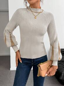 SHEIN LUNE Elegant Style Lantern Sleeve Fitted Knit Sweater, Knit Pullover Fall Winter - Light Grey - View 5