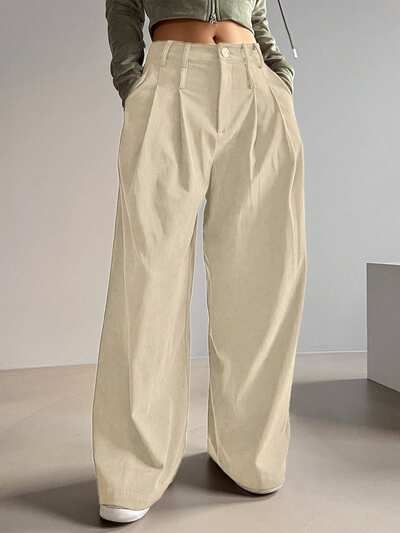 Women's Casual Solid Color Pleated Wide Leg Pants Fall,Winter