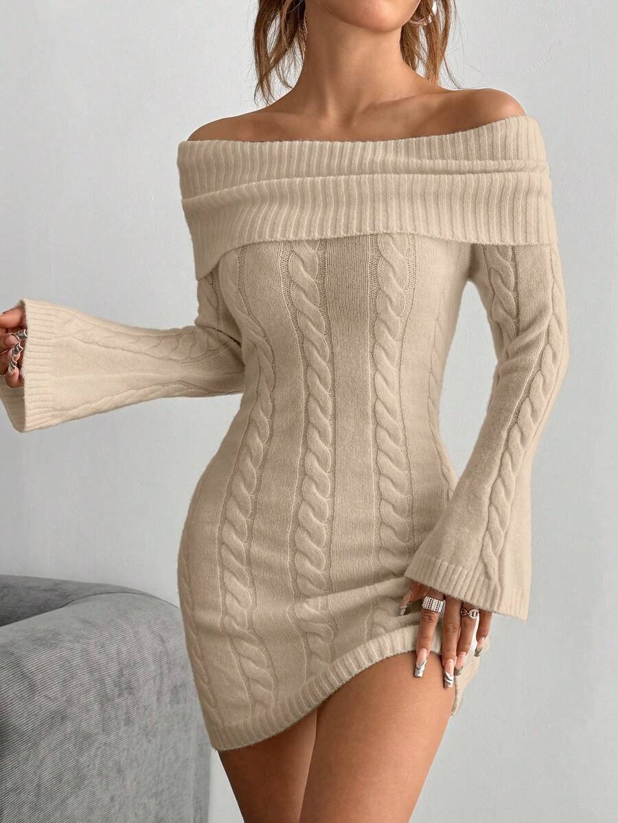 Flirla 露肩长袖扭纹针织修身毛衣连衣裙 - 杏色 - 查看 1