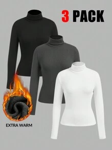 SHEIN EZwear 3 件套女士针织高领长袖保暖 T 恤套装 - 彩色 - 查看 1