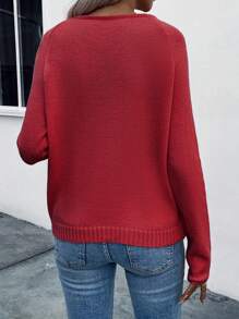 SHEIN LUNE 女士优雅纯色圆领装饰长袖套头毛衣新年衣服 - 紅色 - 查看 2