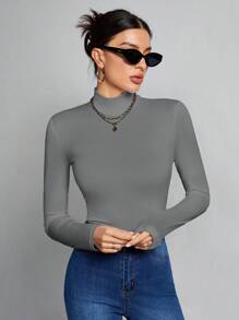 SHEIN Tall Simple Solid Color Slim High Collar White Top Suitable For Autumn And Winter, Tall Women - Grey - View 3