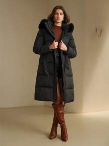 Anewsta Women's Casual Solid Color Fur Collar Hooded Padded Coat For Winter