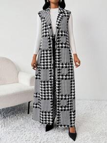 SHEIN Lady Houndstooth Pattern Long Jacket And Wide-Leg Pants Plus Size Women's Suit Set - Multicolor - View 4