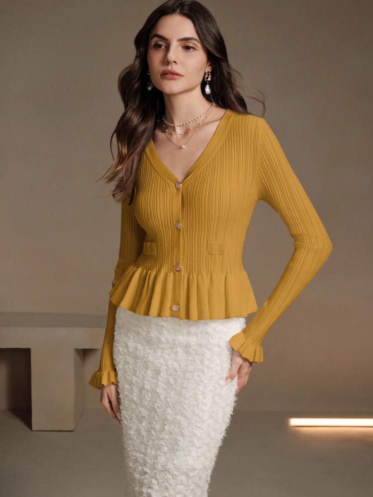 Women's Elegant Pearl Button Decorated Ruffle Trim Open Cardigan