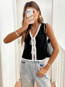 SHEIN Frenchy Women's Black And White Color Block Shell Hem Knot Front Sleeveless Brushed Knit Top,Casual Elegant Summer Brunch Contrasting Bowknot Jumper Top - Black and White - View 3