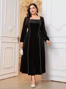 Modelyn Đầm Maxi Cổ Vuông Thanh Lịch Bằng Nhung & Ngọc Trai Cho Nữ - màu đen - Xem 6