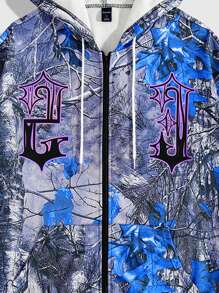 ROMWE MEN Street Life 男士休闲街头图案字母和树木印花落肩宽松抽绳拉链连帽衫，春/秋 - 彩色 - 查看 4