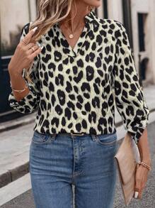 Chiquease Women Casual Leopard Print V-Neck Long Sleeve Blouse, Autumn - Multicolor - View 5