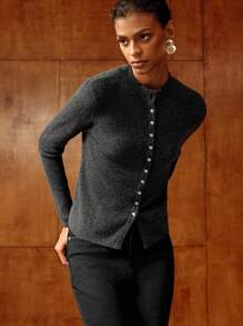 MOTF PREMIUM CASHMERE BLEND SOLID SINGLE BREASTED PLACKET CARDIGAN - Grey - View 7