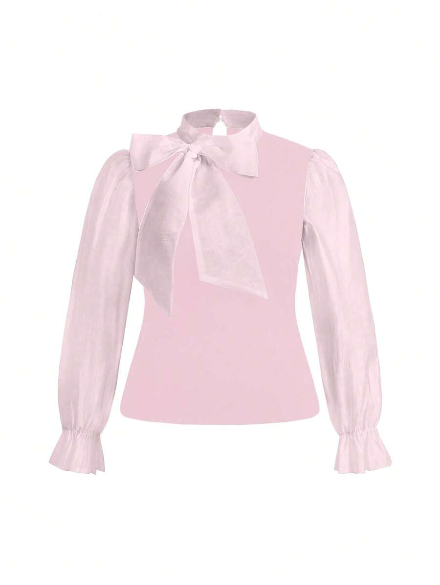 Flirla Blusa de manga abullonada con cuello alto, decorada con moño, unicolor elegante, talla grande, para otoño - Rosa - Ver 1
