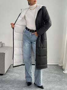 SHEIN Essnce 长袖连帽拉链夹克，带口袋 - 黑色 - 查看 7