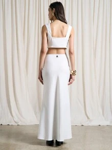 AiiRZ Satin Lace Trim Sleeveless Crop Top And Ruched Detail Maxi Skirt Two-Piece Co-Ord Set - White - View 2
