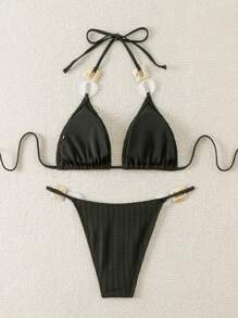 SHEIN Swim Conjunto de top corto de halter de unicolor con textura y Bottom de bikini brasileña de bloqueo de color para mujer, ideal para el verano - Negro - Ver 2
