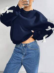 SHEIN EZwear Bowknot Strap Solid Color Round Neck Casual Loose Fit Long Sleeve Sweatshirt In Fall/Winter - Navy Blue - View 1