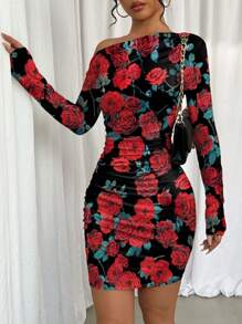 Elenzga Kleid mit Rüschen und asymmetrischem Ausschnitt, Rosenprint, Langarm, für Neujahrskleider