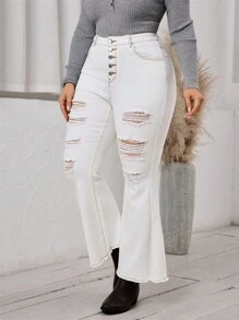 SHEIN LUNE Plus Size Women Denim Flared Jeans With Buttons, Pockets And Distressed Detail - White - View 2