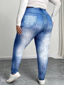 SHEIN CURVE+ Plus Size Summer Full Print Pattern Leggings - Blue and White - View 3