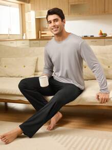Conjunto de ropa de hogar para hombres con top de cuello redondo y pantalones de unicolor, simple y cómodo