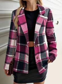 SHEIN Clasi Women's Lapel Collar Long Sleeve Plaid Casual Blouse, Minimalist Style For Daily Wear