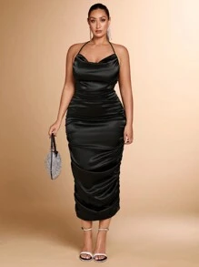 SHEIN BAE 秋季大码优雅性感黑色露背褶皱缎面中长连衣裙夏季派对礼服 - 黑色 - 查看 4