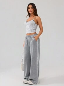 SHEIN SXY Fall Women Clothes;Women Elastic Waist Side Contrast Lace Wide Leg Loose Casual Pants Comfortable, Casual, Versatile And Fashionable, Gray Pants