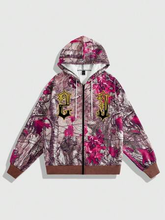 Street Life Sudadera con capucha y cordón con cremallera, con estampado de letras y ramas, casual para todos los días para hombre, otoño