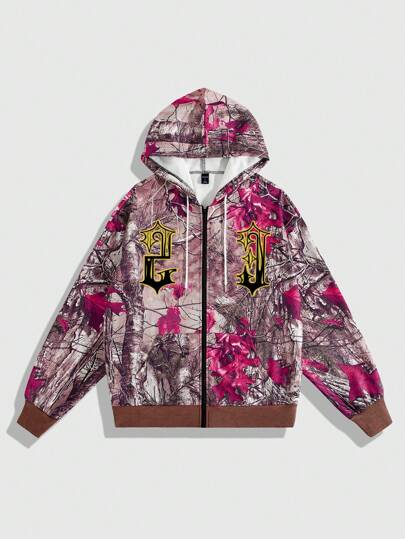 Street Life Sudadera con capucha y cordón con cremallera, con estampado de letras y ramas, casual para todos los días para hombre, otoño