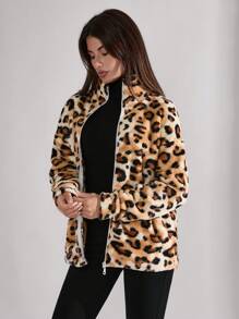 SHEIN Tall Animal Print Drop Shoulder Teddy Velvet Zip Lock Closure Coat - Multicolor - View 4