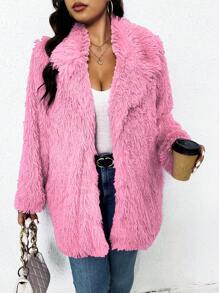 Calvaya Casaco Felpudo Plus Size, Cor Sólida na Moda, Outono/Inverno - Rosa chiclete - Visão 4