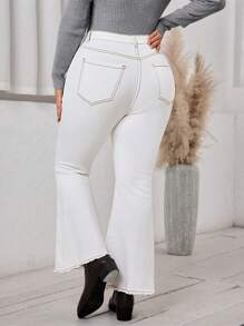 SHEIN LUNE Plus Size Women Denim Flared Jeans With Buttons, Pockets And Distressed Detail - White - View 3