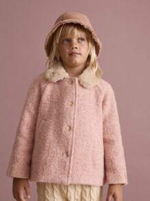 Maija Kids Maija Kids 年轻女孩粉色蓬松领羊毛混纺休闲夹克，带斜口袋和前纽扣开合，适合日常穿着，秋冬季 - 粉色 - 查看 1
