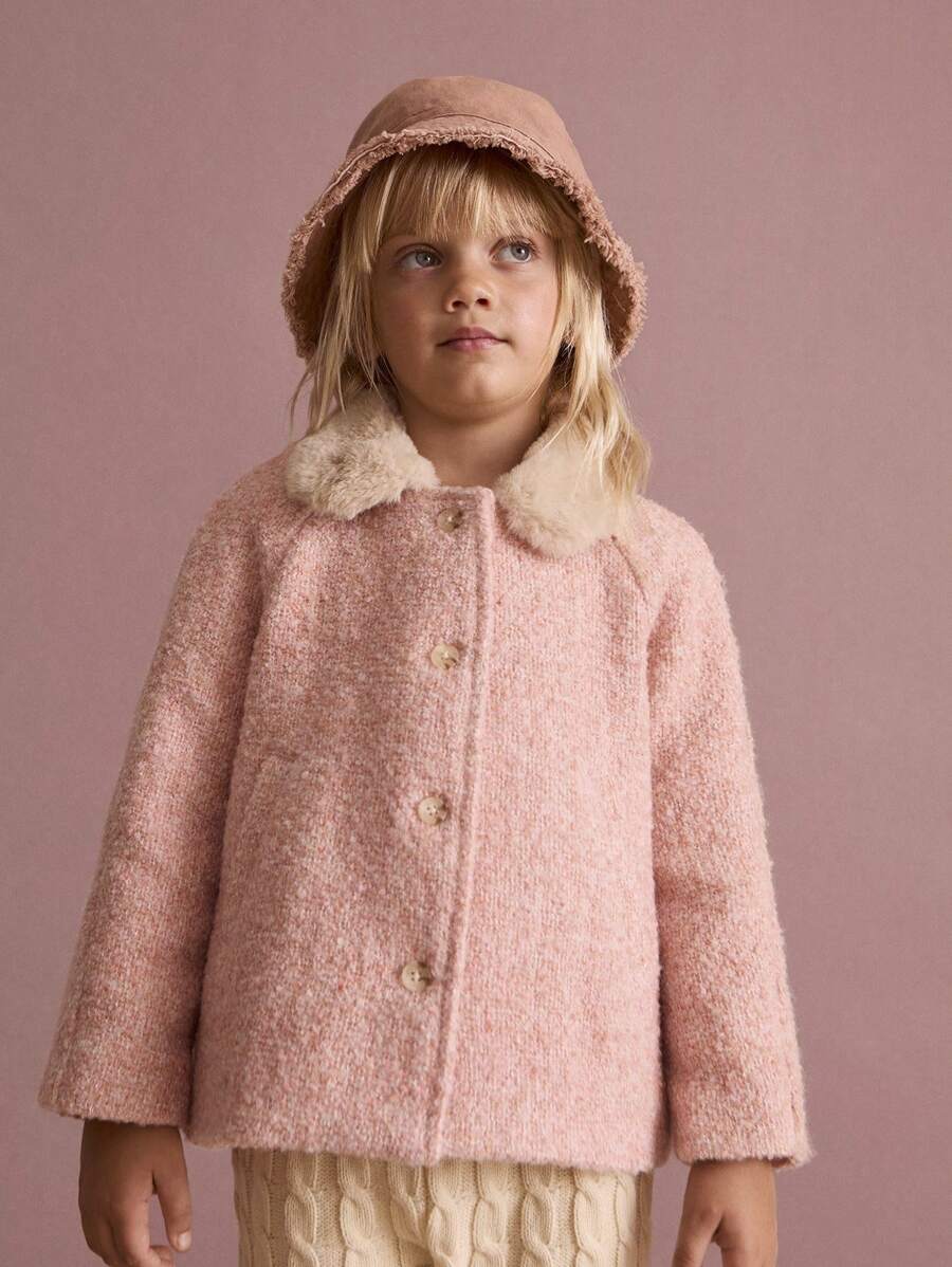 Maija Kids Maija Kids 年轻女孩粉色蓬松领羊毛混纺休闲夹克，带斜口袋和前纽扣开合，适合日常穿着，秋冬季 - 粉色 - 查看 1