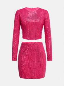 SHEIN 2pcs/Set Teen Girl's Fuchsia Sequin Decorated Elegant Party Crop Top And Mini Skirt Outfit - Hot Pink - View 10