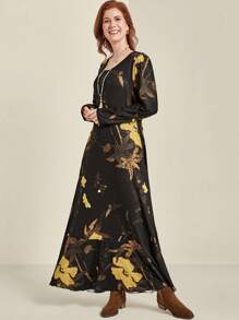 EMERY ROSE Plus Size Women's Digital Print Round Neck Long Sleeve Knitted Dress, Autumn/Winter Maxi Women Outfit