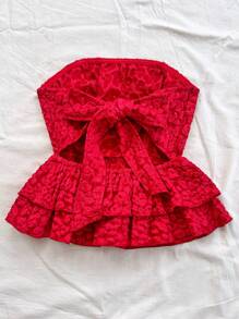 Soleia 女人度假女士休闲鹅黄色提花系带露背荷叶边抹胸夏季可爱午餐休闲上衣 - 紅色 - 查看 2