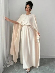 Chiquease Đầm Maxi Dự Tiệc Tay Cánh Dơi Đính Ngọc Trai Thanh Lịch Cho Nữ, Eo Dài, Trang Phục Nữ - Màu be - Xem 7