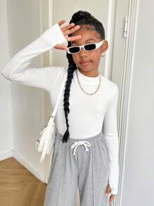 SHEIN 2 件套 Tween 女童针织立领长袖保暖上衣，秋冬季修身 T 恤，日常搭配，黑色和白色 - 黑與白 - 查看 2
