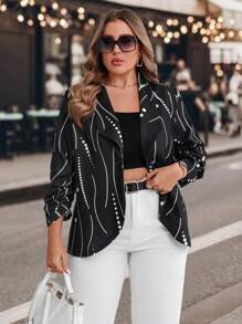 SHEIN Clasi Plus Size Women Geometric Print Elegant Blazer Jacket With Shawl Collar, Long Sleeve, Autumn/Winter